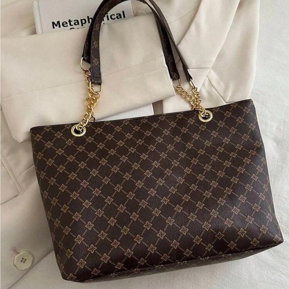 ⚠️Clearance Patterned Chain Shoulder Tote Bag Elegant Brown Gold Accent - Picture 8 of 9